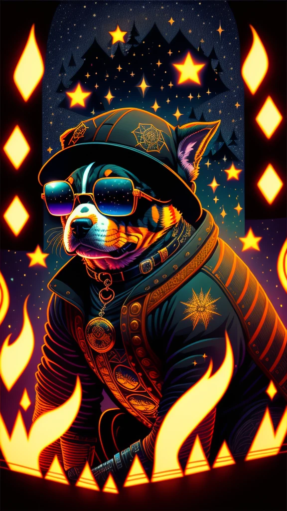 (1 dog (Anthropomorphic Turtle,))Wearing a choker,With tattoos, sunglasses, Black leather jacket,Black gloves(guitar)masterpiece, Centered, Symmetric,Expert, Extremely detailed, 4K, composition, flame, Painting, complicated, Volumetric lighting, beautiful, 深みのある色彩のmasterpiece, Sharp focus, Super detailed, Dan Mumford and Mark Simonetti's style, Astrophotography