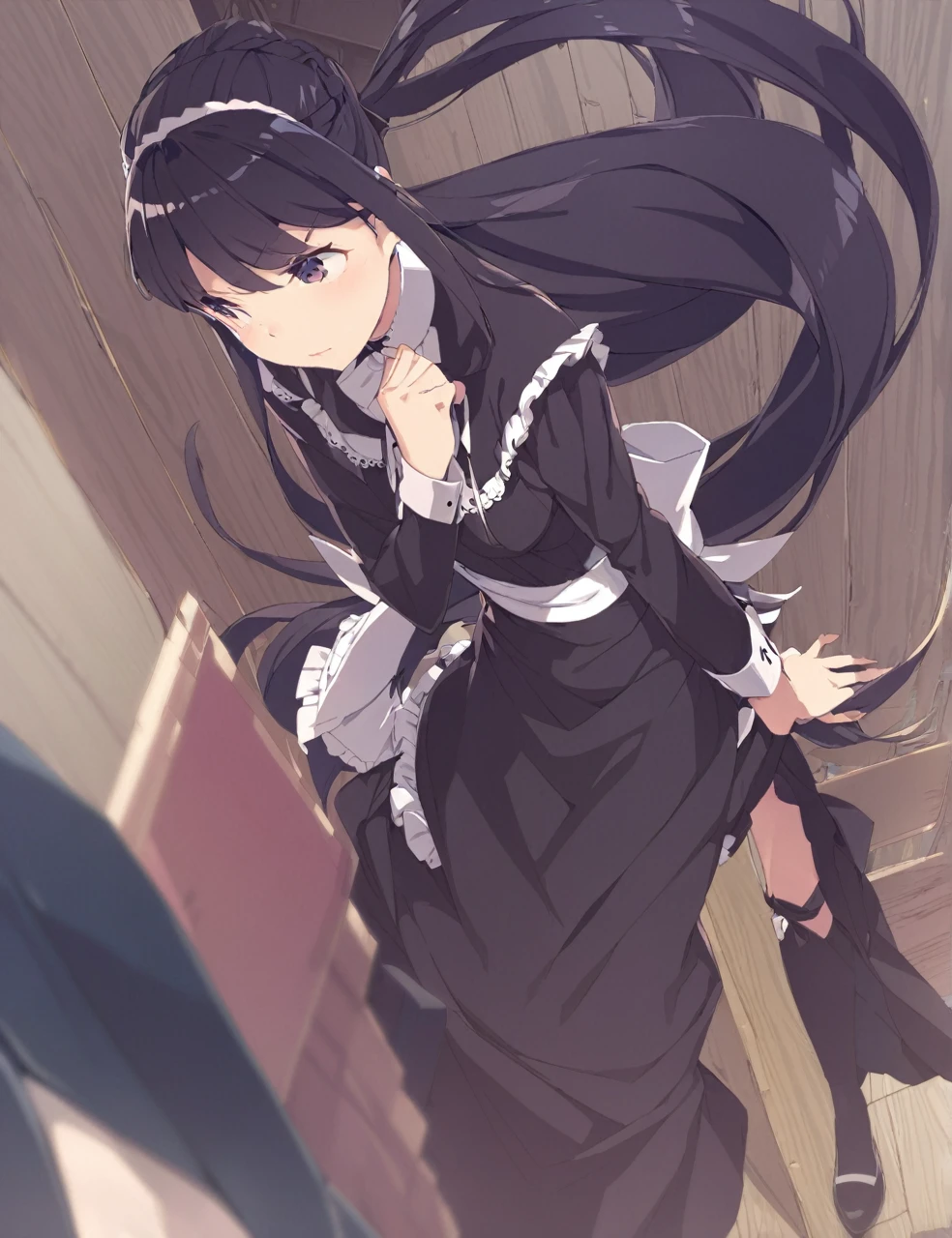 A woman in a black maid outfit black hair very long hair、Updo