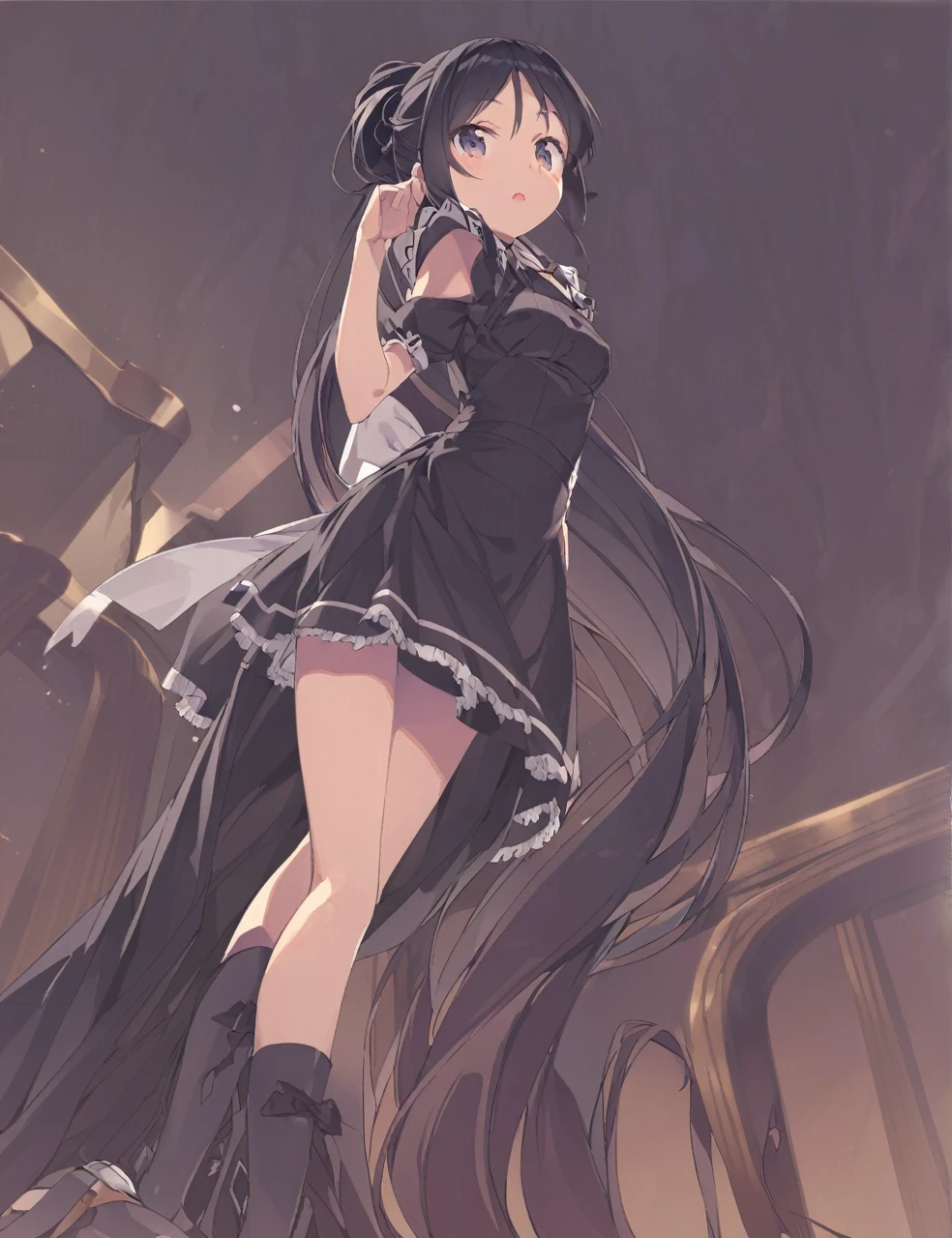 A woman in a black maid outfit black hair very long hair、Updo