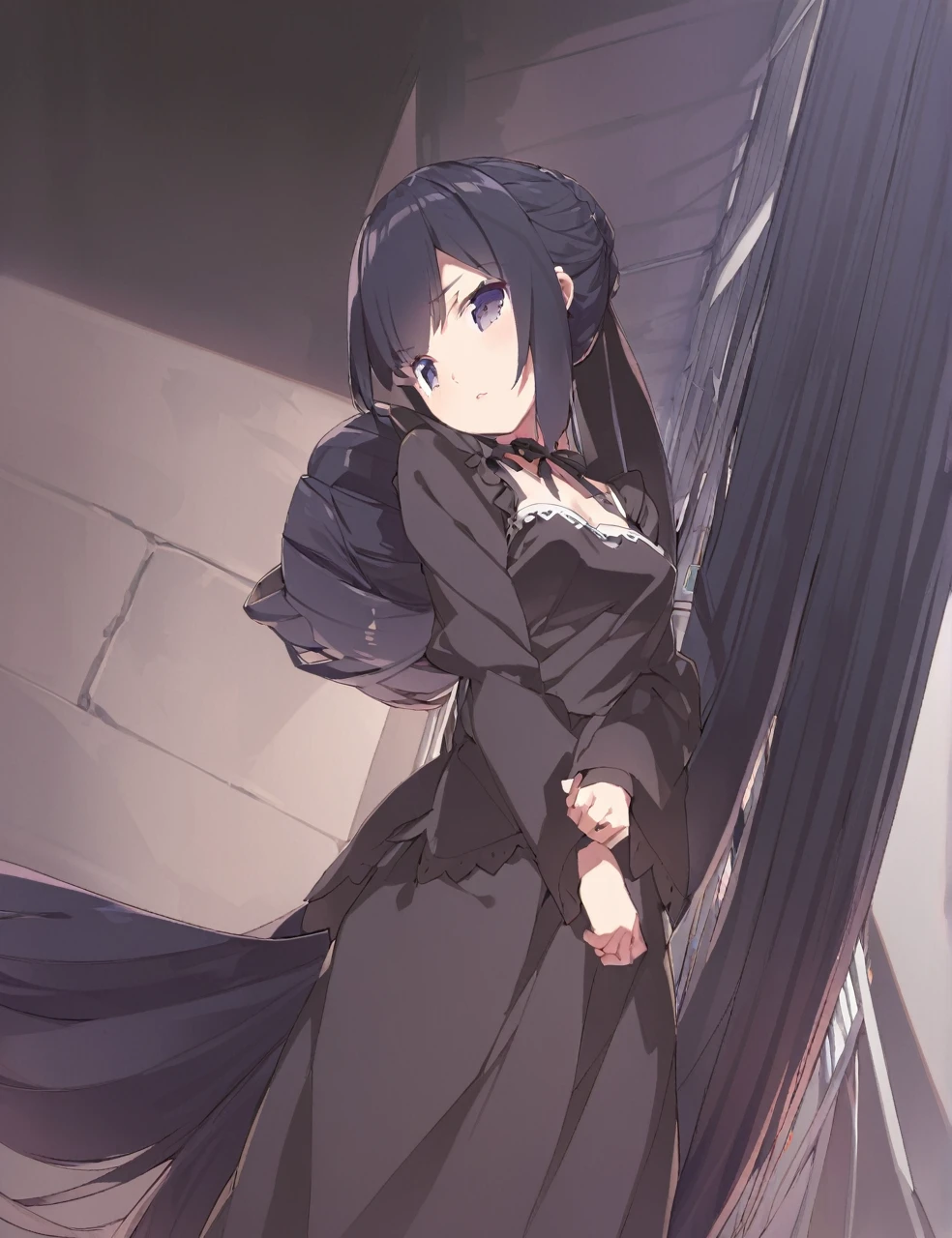 A woman in a black maid outfit　black hair very long hair、Updo