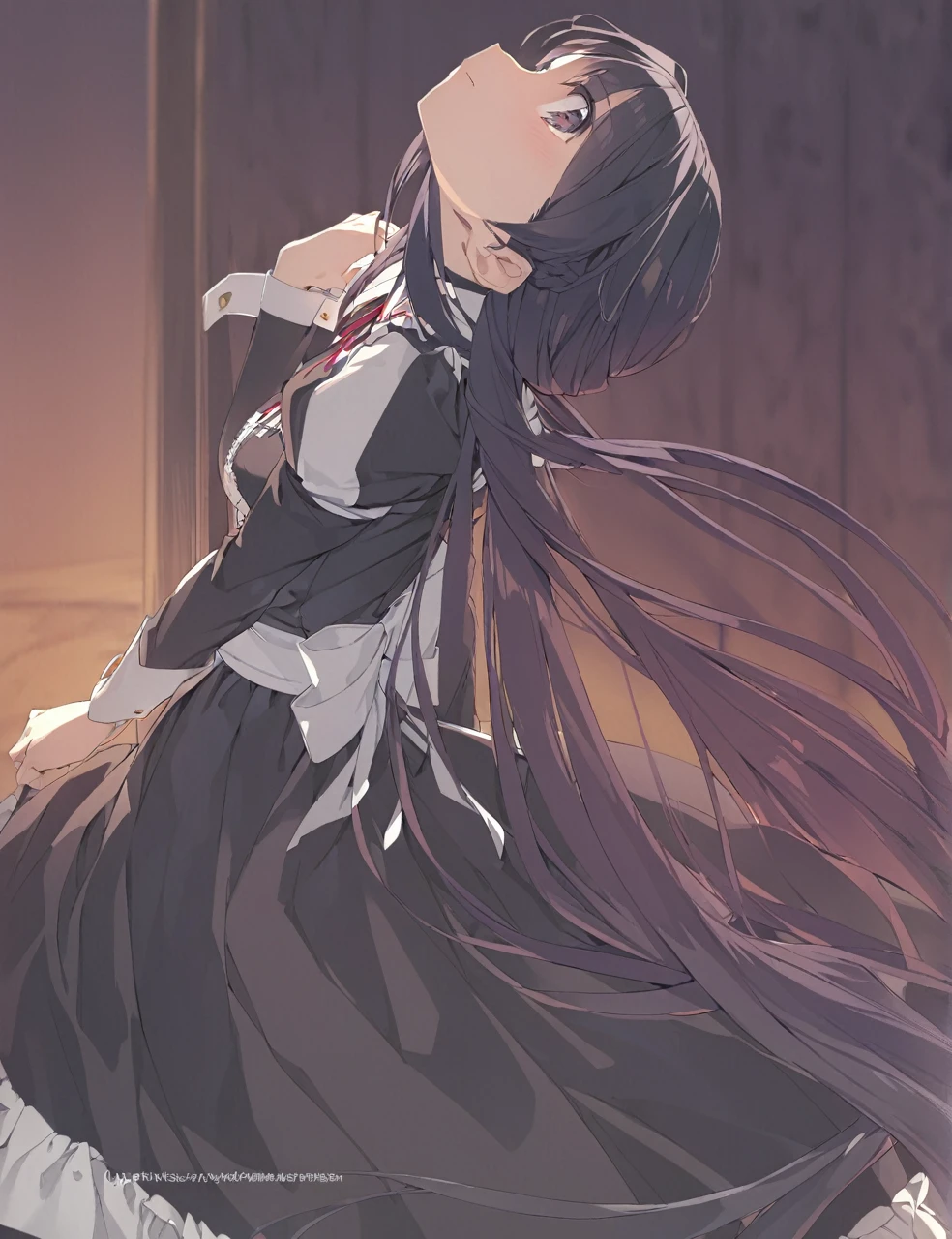 A woman in a black maid outfit　black hair very long hair、Updo