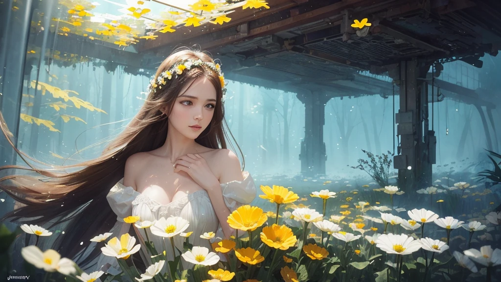 32k, Masterpiece, highest quality, One girl, Detailed eyes, flower,Sandersonia, Yellow and white style,A dreamy, romantic piece,Pale orange, Mysterious Leaves,A playful arrangement,Fantasy,High Contrast,Ink strokes,explosion,Exposure, Impression of yellow and white tones,Abstract,((Watercolours by John Berkey and Jeremy Mann )) Brush strokes,Negative Space, Tyndall effect,