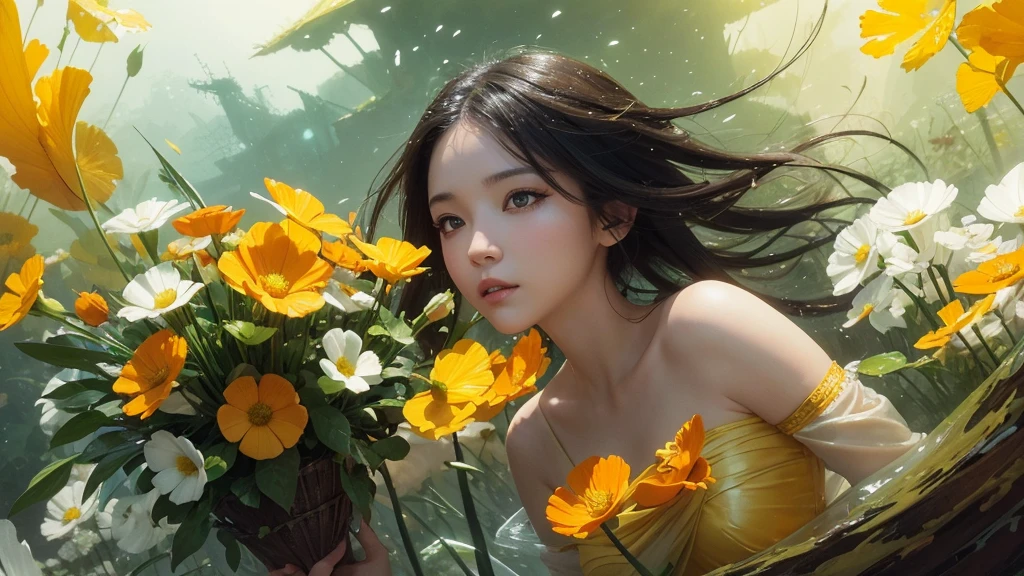 32k, Masterpiece, highest quality, One girl, Detailed eyes, flower,Sandersonia, Yellow and white style,A dreamy, romantic piece,Pale orange, Mysterious Leaves,A playful arrangement,Fantasy,High Contrast,Ink strokes,explosion,Exposure, Impression of yellow and white tones,Abstract,((Watercolours by John Berkey and Jeremy Mann )) Brush strokes,Negative Space, Tyndall effect,
