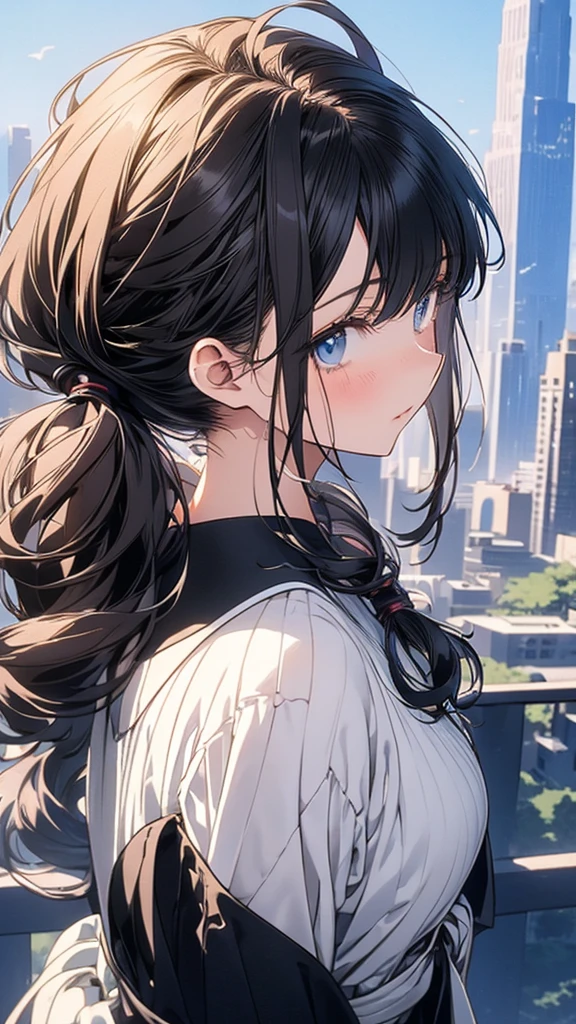 With anime style illustrations teenage girl stand with your back to Surrounded by a city, blue eyes, brown hair tied back, wearing a black suit, good figure.