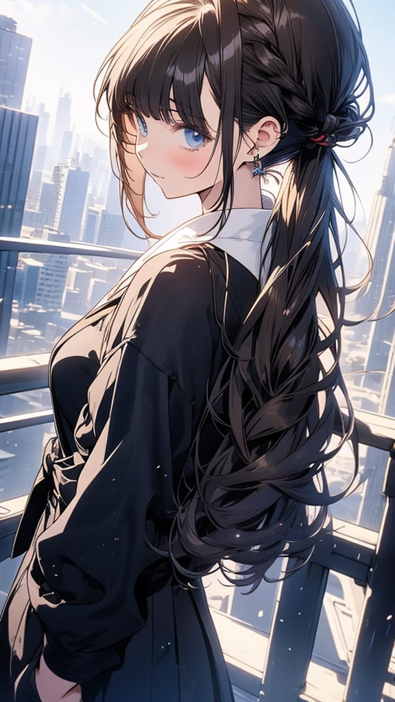 With anime style illustrations age girl stand with your back to Surrounded by a city, blue eyes, brown hair tied back, wearing a black suit, good figure.