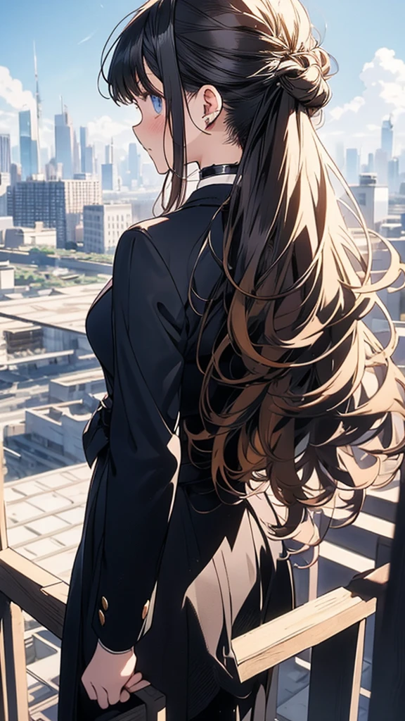 With anime style illustrations teenage girl stand with your back to Surrounded by a city, blue eyes, brown hair tied back, wearing a black suit, good figure.