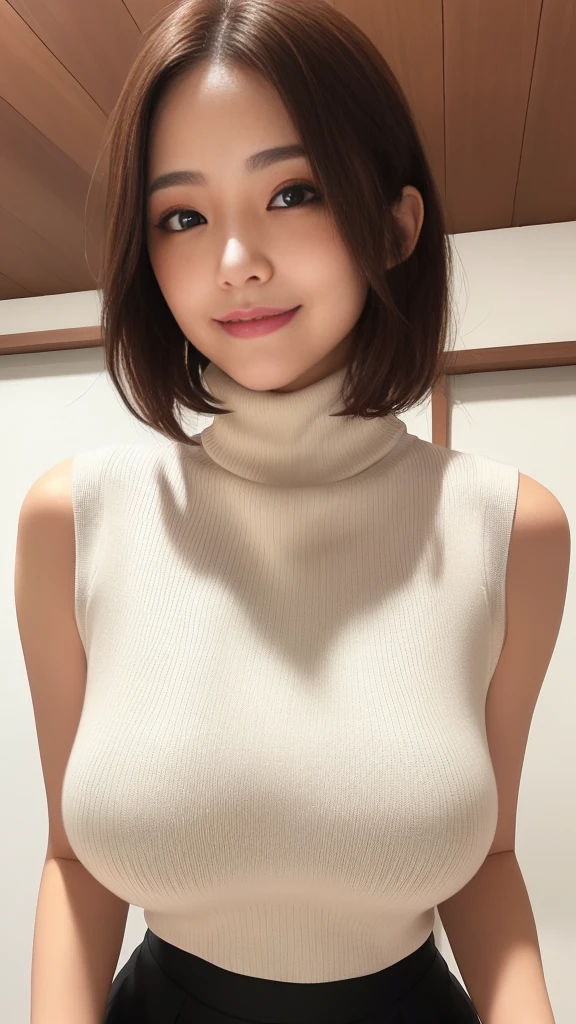 黒いsleeveless sweaterを着た日本女性、 (((masterpiece))), ((highest quality)), ((intricate details)), (((超realistic)), absurd solution, near and far law, very detailed, realistic, 1 girl, ((big breasts)), perfect hands, finger details, beautiful and detailed eyes, short hair, brown eyes,(sleeveless sweater:1.2), Black knitted dress, detailed background, choker, perfect eyes, enchanting eyes, look at the audience, From diagonally above the right、laughter、mole around the mouth、