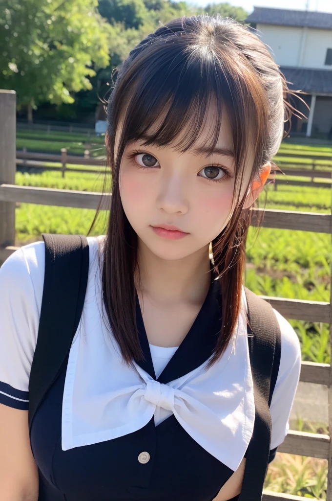 (1 Girl )、(Beautiful Japanese、18years old,round face、Refreshing、clear、seems kind、stylish、Pitiful、cute like an angel、cute、black eyes、,actress,Almond-shaped eyes,Translucent white skin、Beautiful skin), Good style , (((Beautiful big breasts:0.8))),(((soft breasts))),(very cute),(Black hair),(enchanting eyes),(highlight on eyes:1.2)、(8K、Live shooting、highest quality、masterpiece:1.2、optimal lighting)、((masterpiece)),(Photo taken by a professional photographer),(real、photo real:1.4),break,{ (cute Japanese high school sailor uniform),((Sailor Suit:1.0))},(cheeks are red:1.3), break, break,Face shot:1.3、 face close-up,Looking at viewer、(Cleavage:0.7)、From above,(high school),Troubled face:1.4、Japanese school、School gym:1.4,,Japan rice fields,evening、Student bag、Japanese countryside,evening