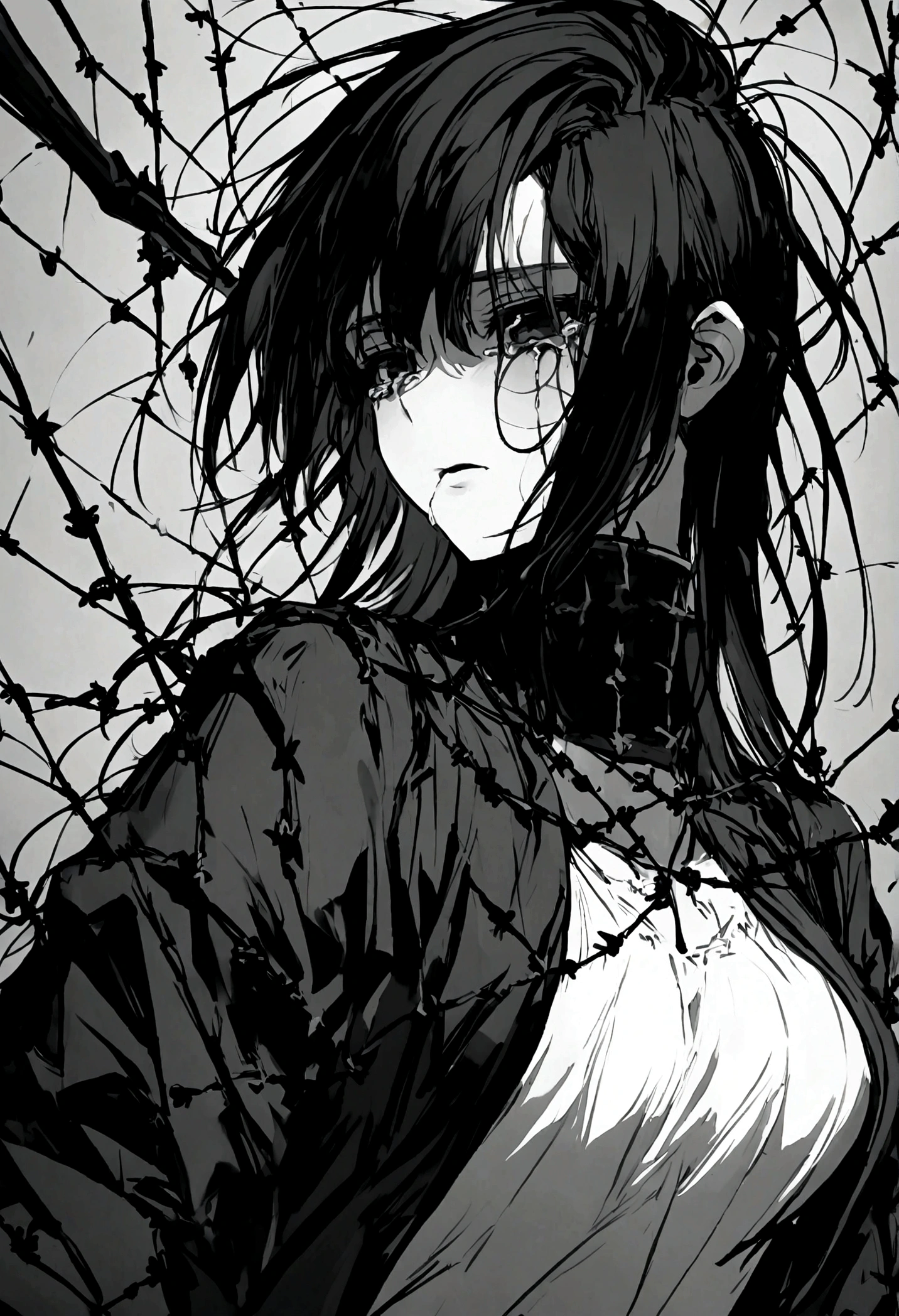 garota and roupas cybersigilism gotica, and (Barbed wire through the body) cabelo preto and pontas branca,1 girl,Black Tears,Black and white