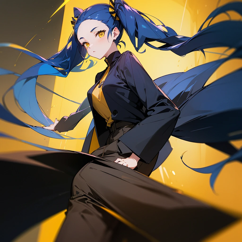 (One very tall, good looking woman,Navy Blue Hair,Her hairstyle is twin tails that expose her forehead., yellow eyes,Medium chest,Dynamic Angle Tall)Thick Black1Color ,Black trousers,The background is the busy Shibuya area at night