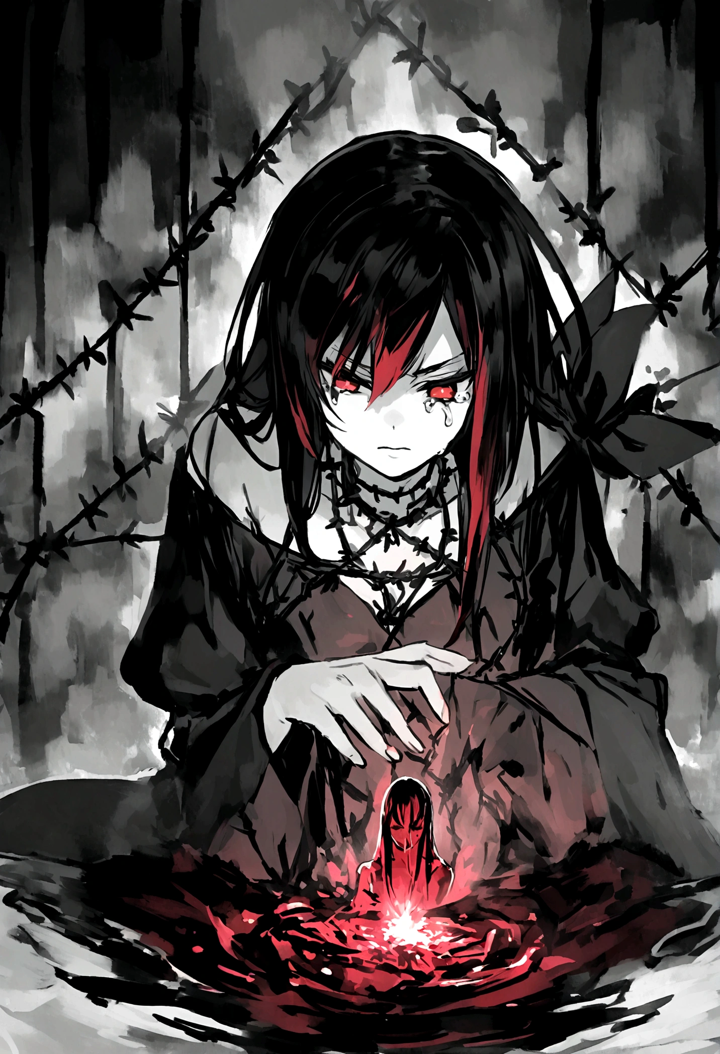 garota and roupas cybersigilism gotica, and (Barbed wire through the body) cabelo preto and pontas branca,1 girl,Black Tears,Black and white
