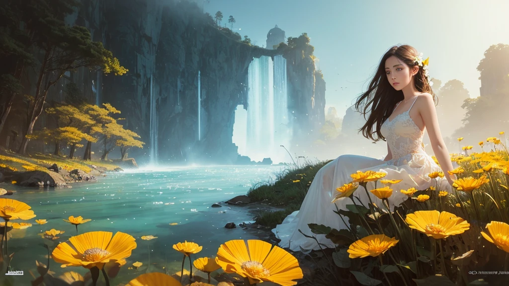 32k, Masterpiece, highest quality, One girl, Detailed eyes, flower,Sandersonia, Yellow and white style,A dreamy, romantic piece,Pale orange, Mysterious Leaves,A playful arrangement,Fantasy,High Contrast,Ink strokes,explosion,Exposure, Impression of yellow and white tones,Abstract,((Watercolours by John Berkey and Jeremy Mann )) Brush strokes,Negative Space, Tyndall effect,