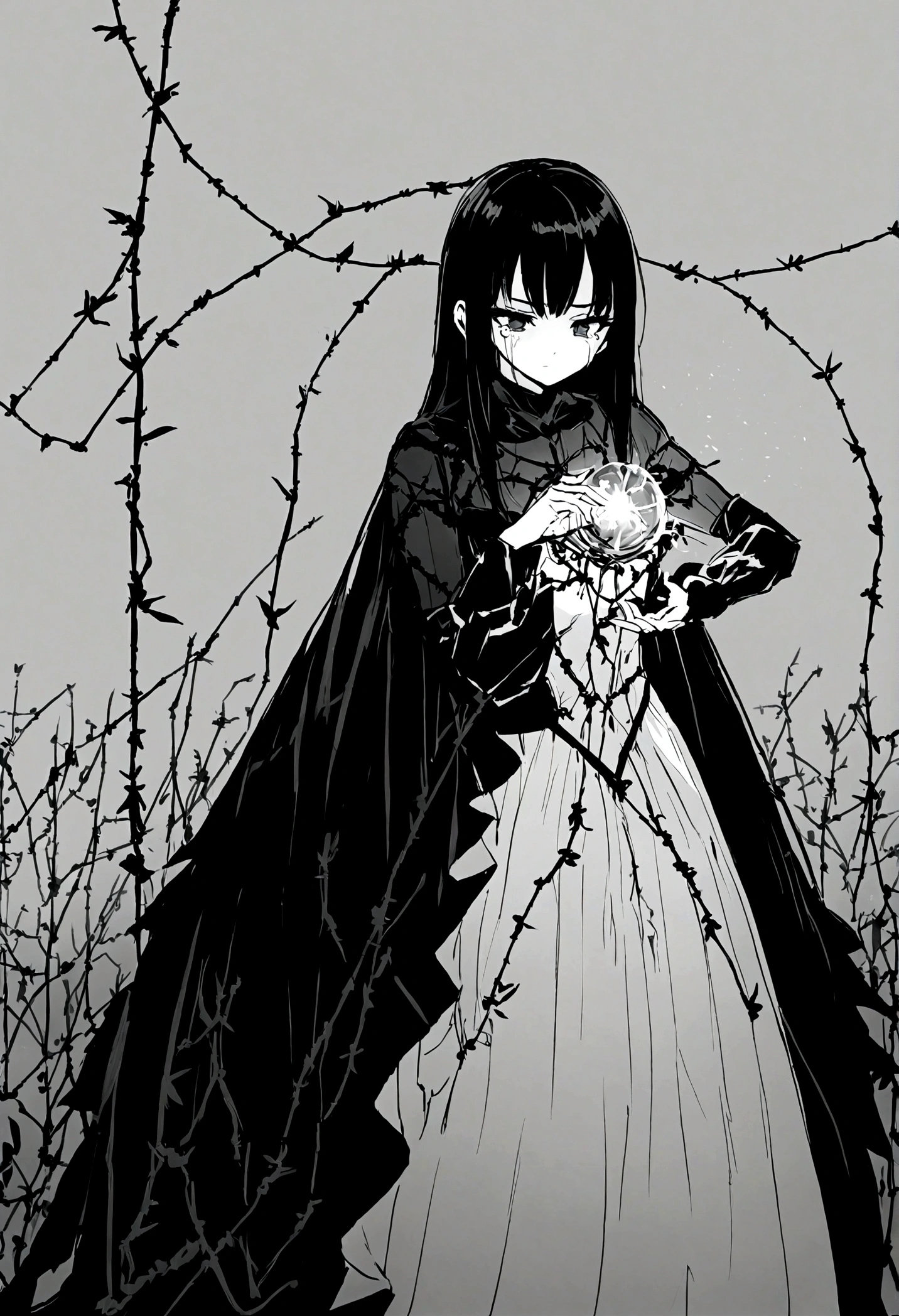 garota and roupas cybersigilism gotica, and (Barbed wire through the body) cabelo preto and pontas branca,1 girl,Black Tears,Black and white