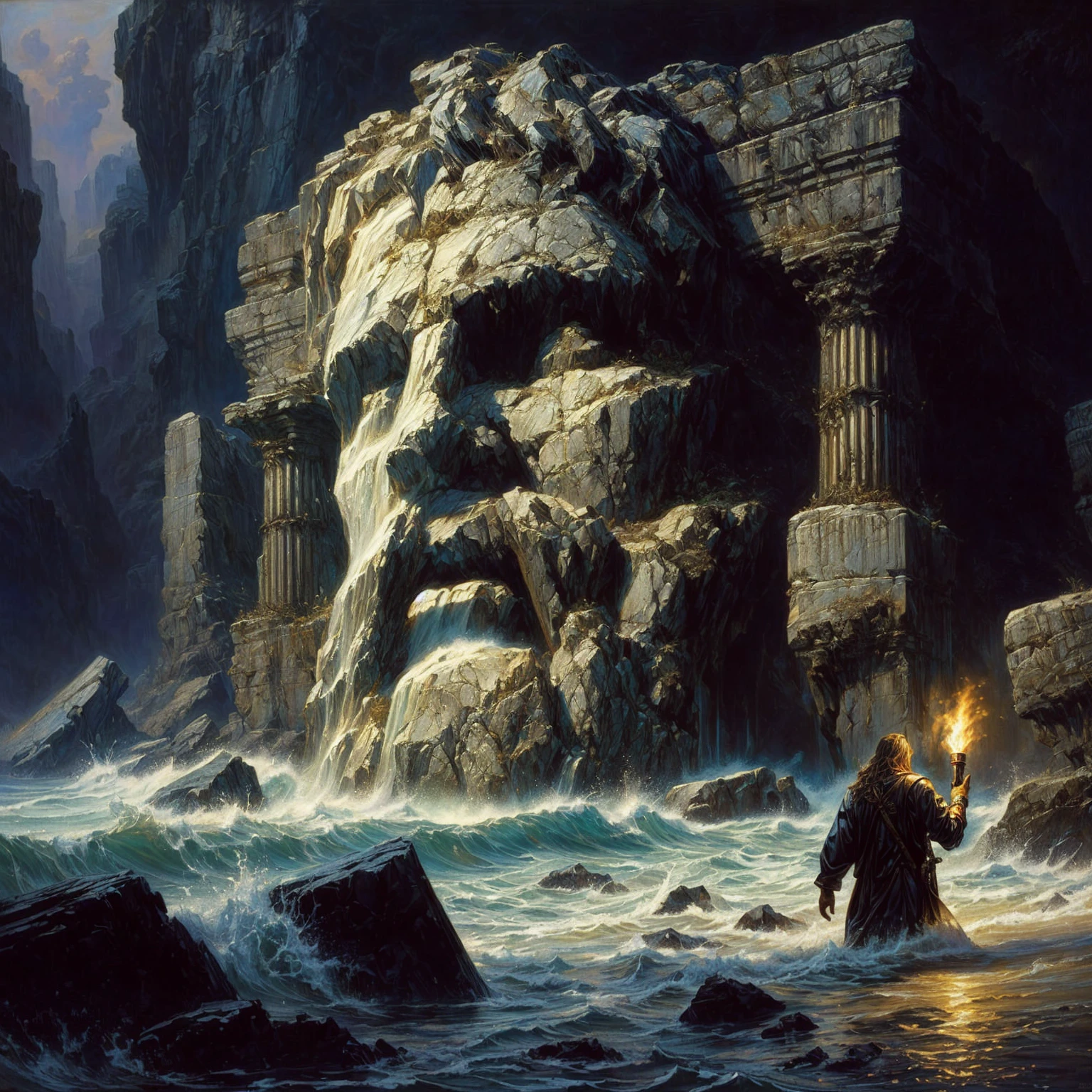 ((masterwork, high quality)), painting of an adventurer with a torch wading through the surf in front of a cracked stone sculpture, michael whelan kunst, Michael Whelan und Gustave fertig, by Tim Hildebrandt, von Ted Nasmith, von Joe Jusko, von Howard Lyon, digitale Malerei des griechischen Mythos, von Michael Whelan, griechischer dunkler Mythos, epische Szene von Zeus, Virgil FinlayTim Hildebrandt