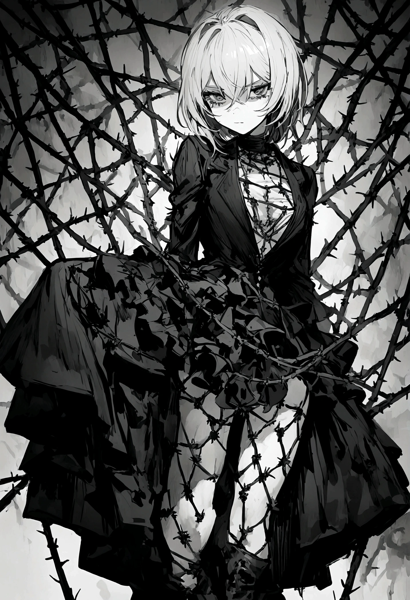 garota and roupas cybersigilism gotica, and (Barbed wire through the body) cabelo preto and pontas branca,1 girl,Black Tears,Black and white