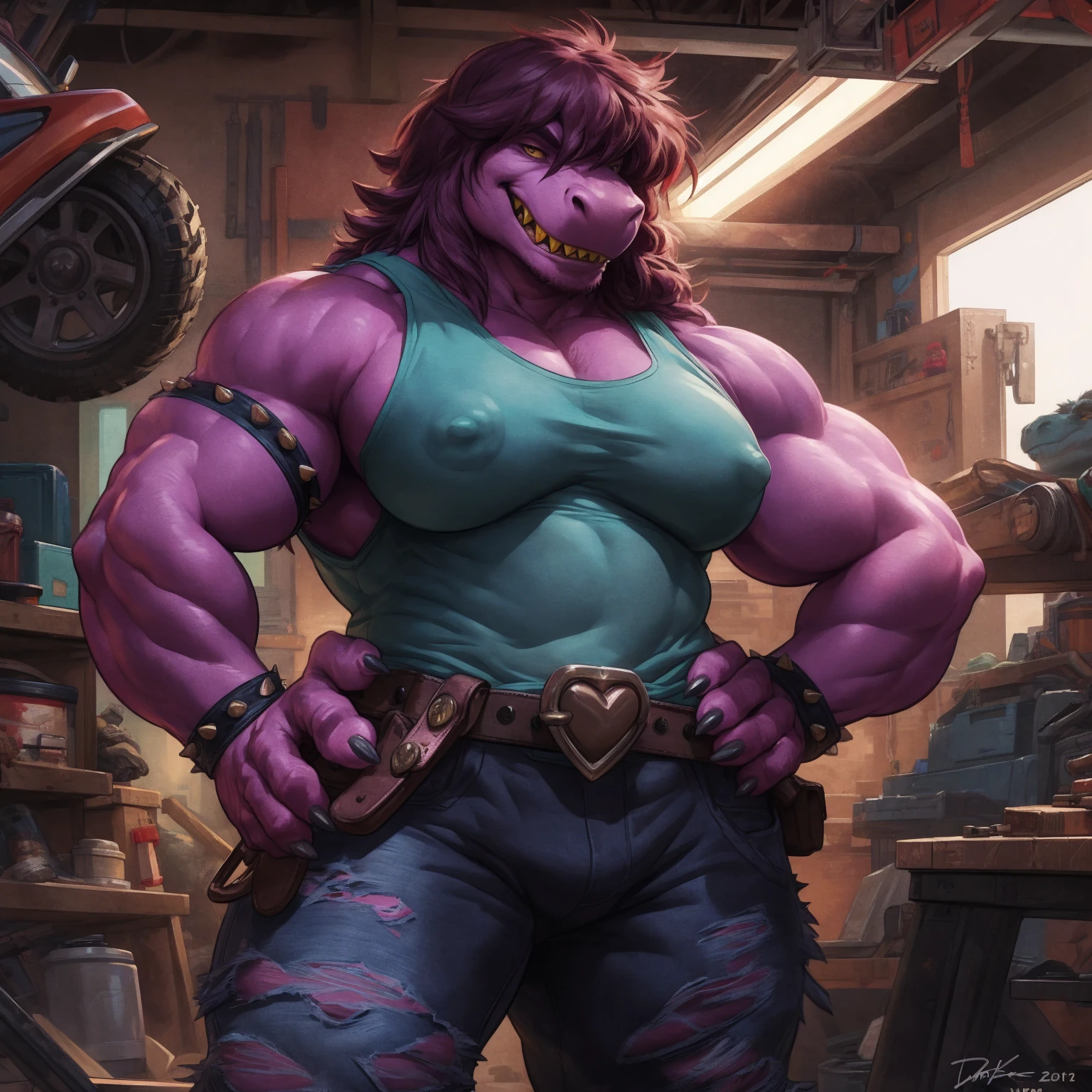 by darkgem, by wfa, susie, susie deltarune, dinosaur, smooth skin, high resolution, realistic textures, realistic lighting, 8k, detailed, looking at viewer, detailed eye, smiling, yellow teeth, sharp teeth, (dirty cyan tank top:1.3), large breasts, nipple outline, (ripped jeans), heart shaped belt buckle, (tool belt:1.5), mechanic, indoors, garage, workshop, cars in background, hands on hips,