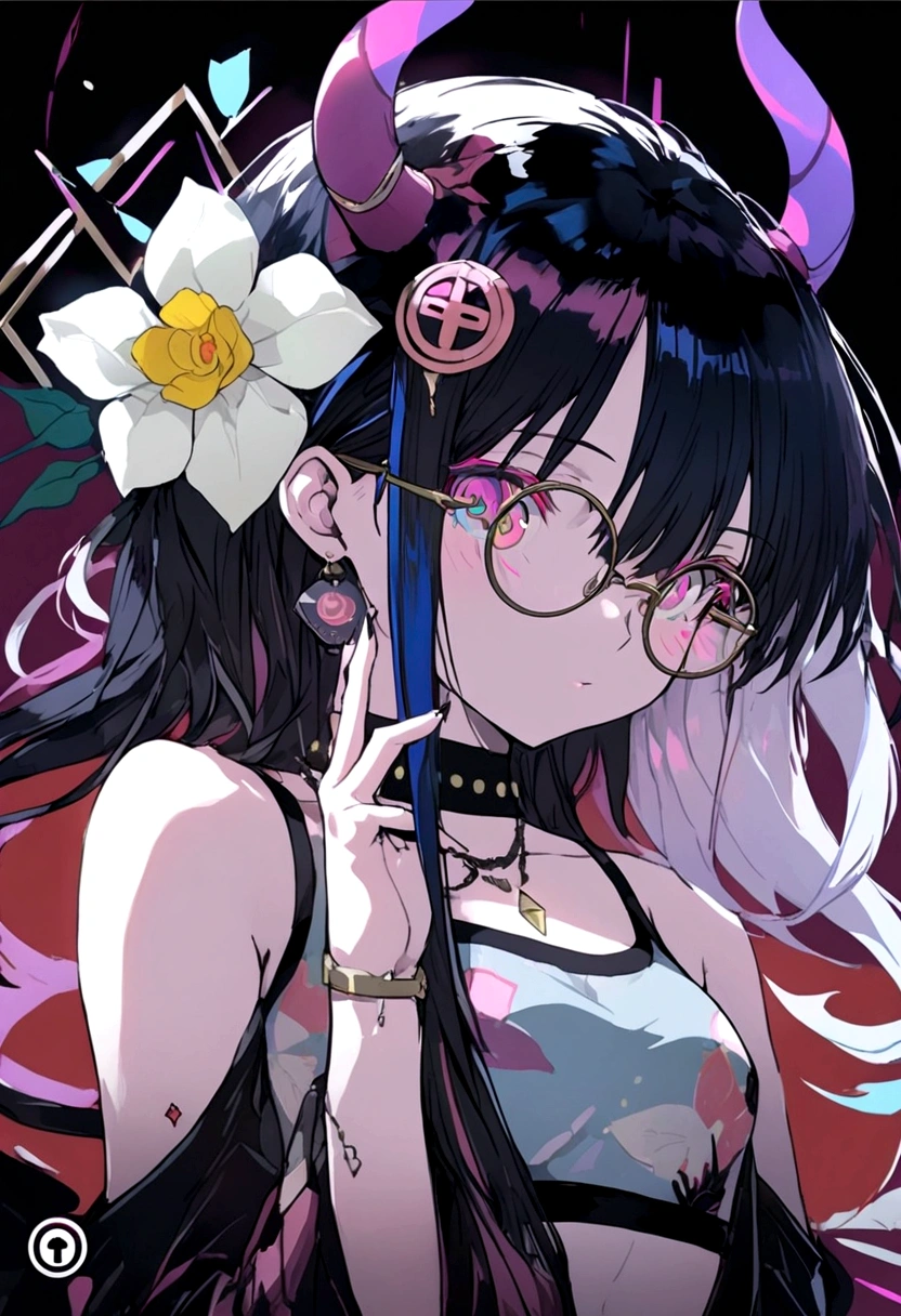 A beautiful anime young woman,with deer horns that has dangling beeds with diamonds,and four black wings,has long dark greyish hair  and beautiful black eyes wearing black round rimmed glasses,wears an all black sleeveless turtle neck crop top and baggy jeans 