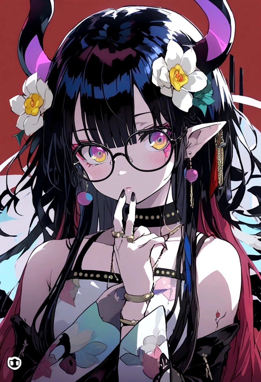A beautiful anime young woman,with deer horns that has dangling beeds with diamonds,and four black wings,has long dark greyish hair and beautiful black eyes wearing black round rimmed glasses,wears an all black sleeveless turtle neck crop top and baggy jeans