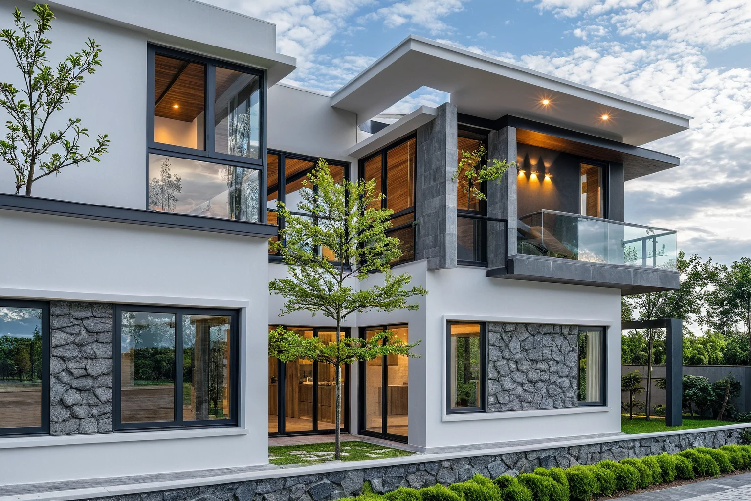 Masterpiece, high quality, best quality, authentic, super detailed, outdoor, two-story villa, aiaigroup, modern house style on the street, stairs, white wall, accent wall panel on the left gray rocks, road, sidewalk, grass, trees, sky, clouds, (daylight: 1.1)