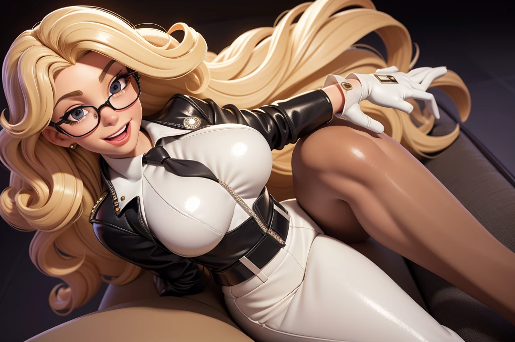 obra prima, melhor qualidade, (lauren boebert 70yo) big side smile, open mouth, licking lips, blonde big afro style hair, black plastic glasses, pilot outfit, business blouse, necktie, (shiny pearl white leather,) studs zippers, shiny leather gloves, body is skinny, laying back against couch cushion, arched back, arm between legs, overhead camera view, looking down at me, shallow depth of field, highres, HD, 8k, anatomically correct