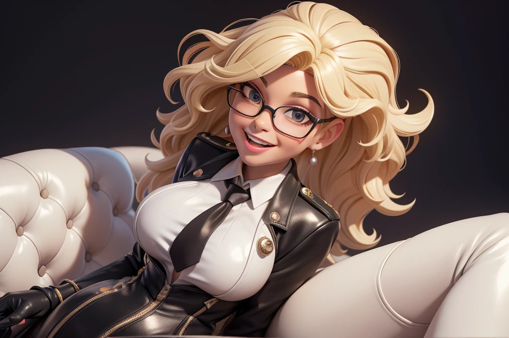 obra prima, melhor qualidade, (lauren boebert 70yo) big side smile, open mouth, licking lips, blonde big afro style hair, black plastic glasses, pilot outfit, business blouse, necktie, (shiny pearl white leather,) studs zippers, shiny leather gloves, body is skinny, laying back against couch cushion, arched back, arm between legs, overhead camera view, looking down at me, shallow depth of field, highres, HD, 8k, anatomically correct