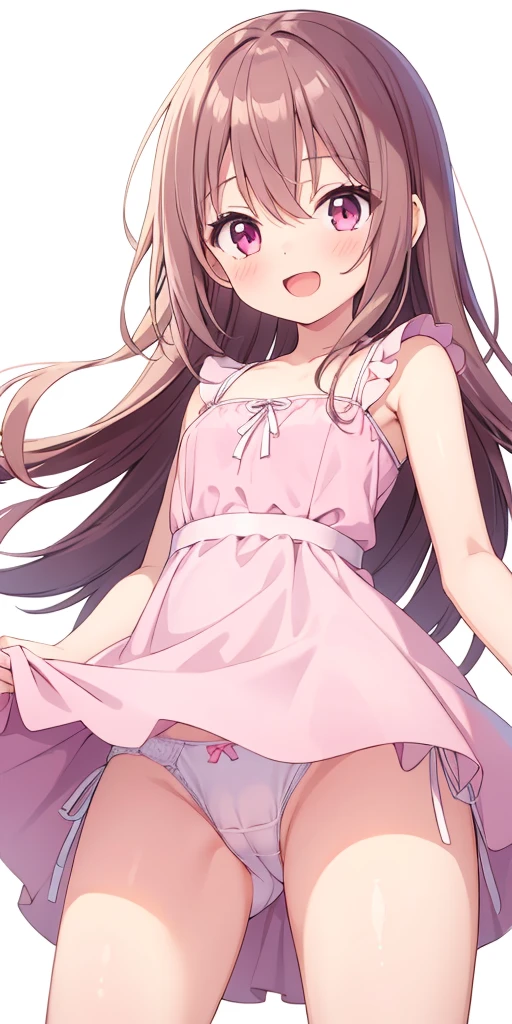 1girl, li, cute daughter, happy, random hairstyle, cute pink mini dress, upskirt, vagina cameltoe, (white panties side tie), white background