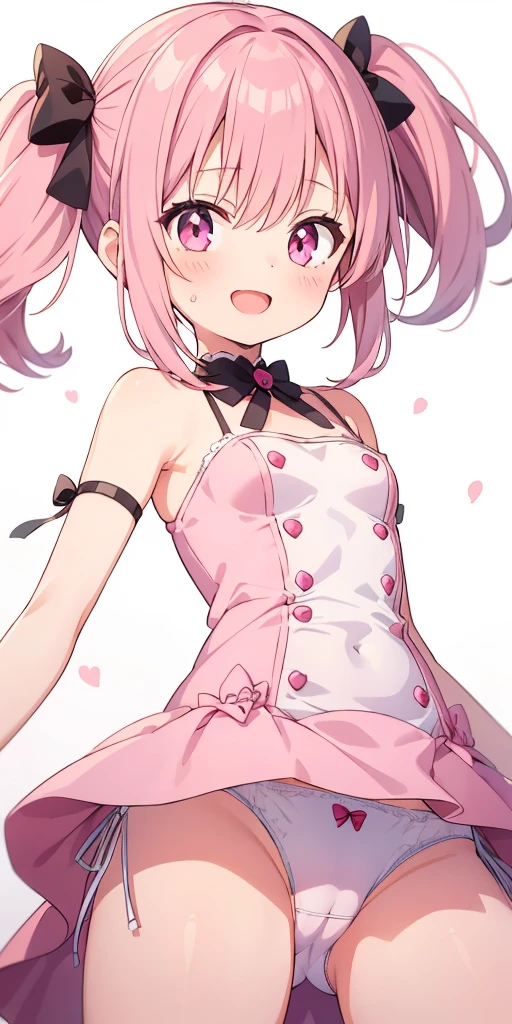 1girl, , cute daughter, happy, random hairstyle, cute pink mini dress, upskirt, vagina cameltoe, (white panties side tie), white background