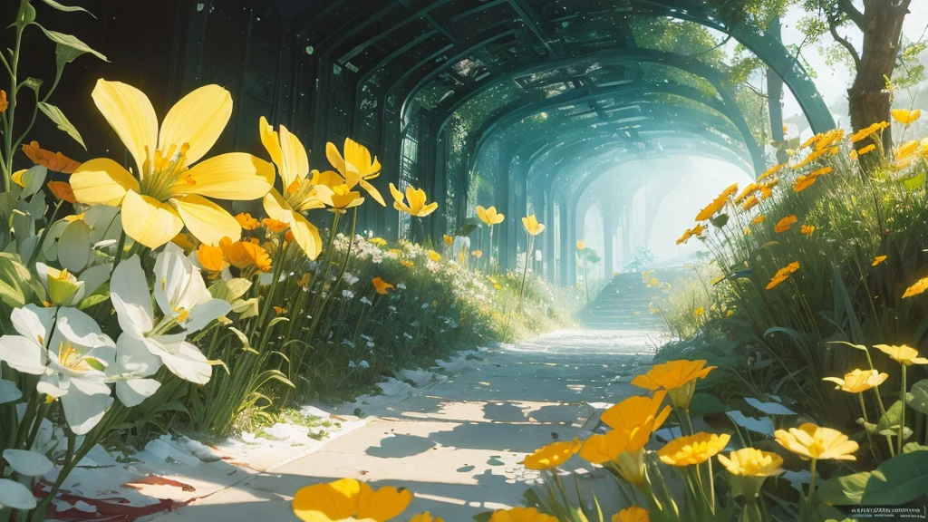 32k, Masterpiece, highest quality, One girl, Detailed eyes, flower,Sandersonia, Yellow and white style,A dreamy, romantic piece,Pale orange, Mysterious Leaves,A playful arrangement,Fantasy,High Contrast,Ink strokes,explosion,Exposure, Impression of yellow and white tones,Abstract,((Watercolours by John Berkey and Jeremy Mann )) Brush strokes,Negative Space, Tyndall effect,