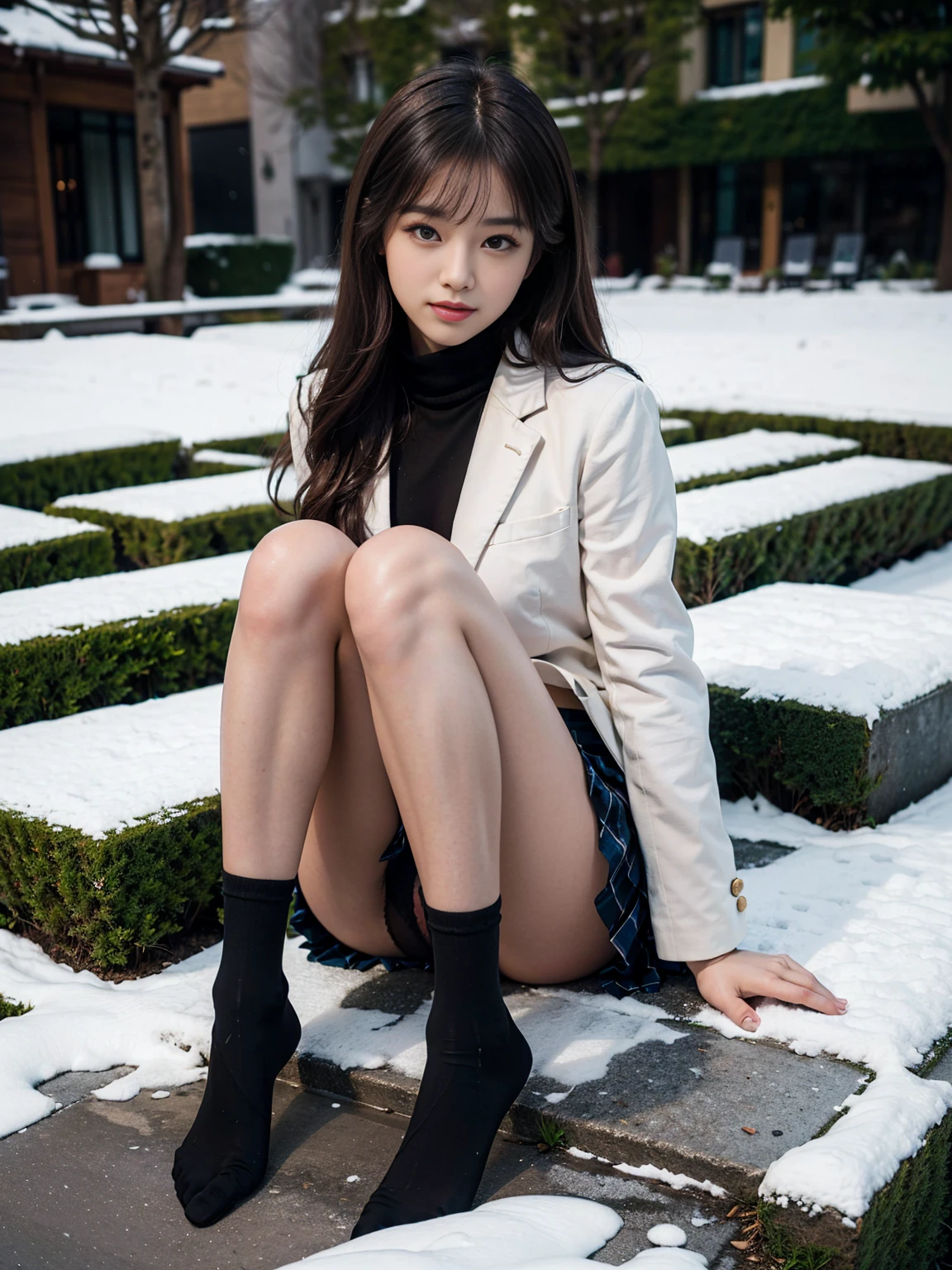 ((masterpiece, highest quality, High resolution, 超High resolution, Pixel Perfect, Written boundary depth, 4K, RTX, Human Development Report))), 1 girl, single, alone, beauty、View the whole body、 ((Long Hair, Short Liuhai, Reddish brown hair)), ((blue eyes, Beautiful eyelashes, Realistic eyes)), ((Detailed face, blush:1.2)), ((Smooth texture:0.75, Vibrant质感:0.65, Vibrant:1.1, Anime CG Style)), Medium chest, Perfect body, smile, attractive way to sit, Brewing tea in a teapot, (The wind makes my hair flutter,Exposing shoulders、Expose your breasts、black tights) , It snows heavily at night、(((Showing panties:1.3)))、((((M-shaped legs:1.4)))) 、first class, masterpiece, High resolution, (Head to toe full body view), front, frontやや下からの構図, Symmetric, Tall 18 year old girl, alone, (Head to toe), (Small breasts), Unkempt brown hair, bangs, ((black tights)),( (Black Pantyhose)),(White luxury lingerie), (Sit with your legs apart), (Crouching pose), (Black Pantyhoseの中に黒いいパンティーを見せる構図), (Her legs were spread、I see your black pants.), (I was made to sit on the floor with my legs spread...), ((((M-shaped legs)))), Thin legs, A very beautiful and tall 18 year old girl, (No shoes), blush, Shy big eyes, looking at the camera, (((Blazer uniform, Checkered pleated skirt)))、Sit across from me、((Vulgarity)),
