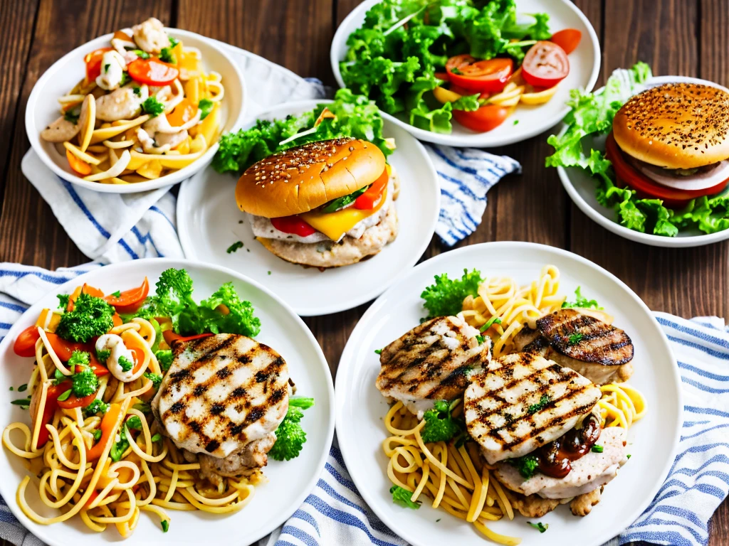 Three white plates each with a hamburger, grilled chicken and seafood pasta.