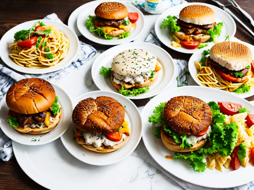Three white plates each with a hamburger, grilled chicken and seafood pasta.