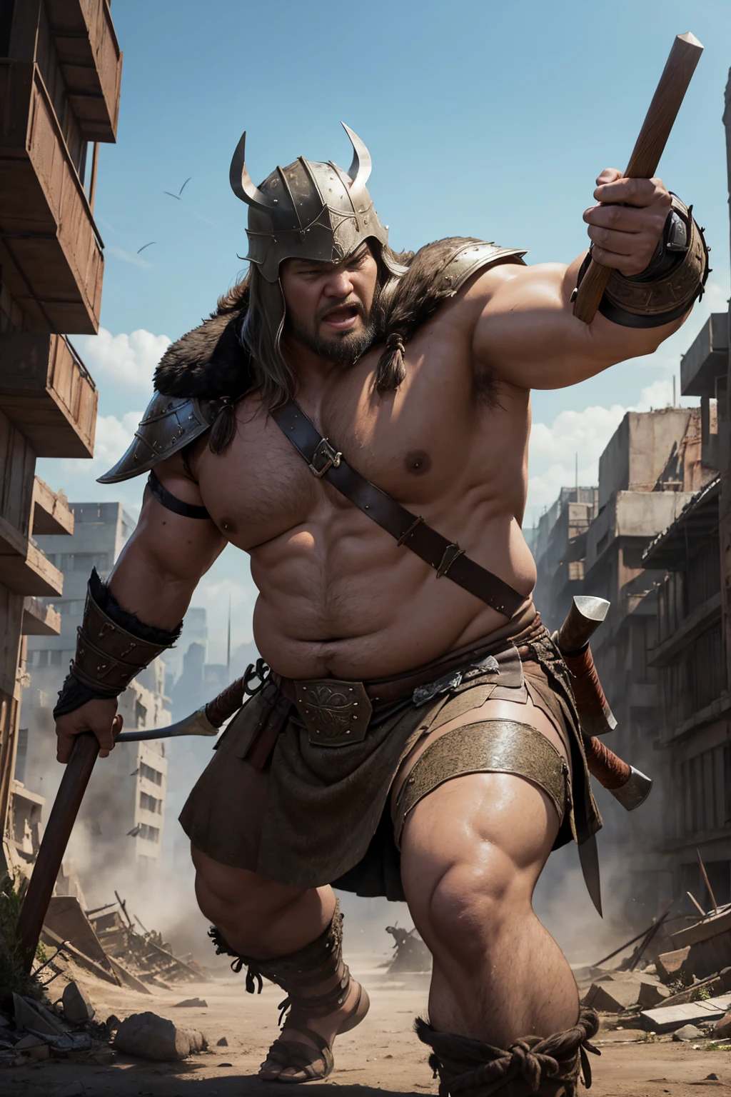 looking at us, shoot from front, face focus, Bandit, Fat ferocious barbarian:2, This barbarian is a robust stocky Japanese, smirking, mid combat, intense battle scene, leather and iron armor, armored short skirt, holding a Viking War Axes, viking helmet, legs exposed from thighs to feet, fierce warriors, ancient battlefields, epic showdown, battleground background, masterpiece, volumetric lighting, Dramatic, Uighur the Warden, breathtaking action, dynamic poses, bald, ((ultra sharp)), ((masterpiece)), ((best quality)), ((ultra detailed)), ((intricate details)), Inguinal region detailed, Dilapidated, breathtaking action, destroyed city after big air raids, A desolate, post-apocalyptic cityscape, A brutal scene, lets out a yell, casting an ominous shadow, 