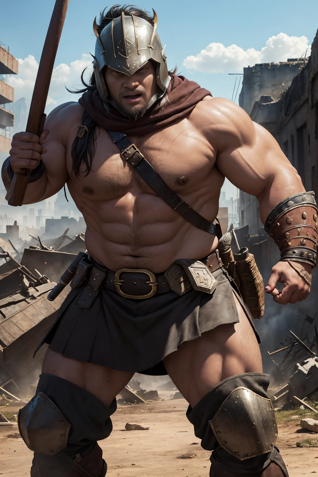 looking at us, shoot from front, face focus, Bandit, Fat ferocious barbarian:2, This barbarian is a robust stocky Japanese, smirking, mid combat, intense battle scene, leather and iron armor, armored short skirt, holding a Viking War Axes, viking helmet, legs exposed from thighs to feet, fierce warriors, ancient battlefields, epic showdown, battleground background, masterpiece, volumetric lighting, Dramatic, Uighur the Warden, breathtaking action, dynamic poses, bald, ((ultra sharp)), ((masterpiece)), ((best quality)), ((ultra detailed)), ((intricate details)), Inguinal region detailed, Dilapidated, breathtaking action, destroyed city after big air raids, A desolate, post-apocalyptic cityscape, A brutal scene, lets out a yell, casting an ominous shadow,