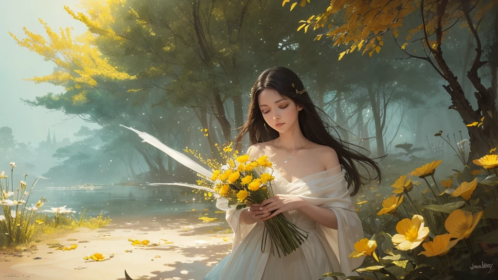 32k, Masterpiece, highest quality, One girl, Detailed eyes, flower,Sandersonia, Yellow and white style,A dreamy, romantic piece,Pale orange, Mysterious Leaves,A playful arrangement,Fantasy,High Contrast,Ink strokes,explosion,Exposure, Impression of yellow and white tones,Abstract,((Watercolours by John Berkey and Jeremy Mann )) Brush strokes,Negative Space, Tyndall effect,