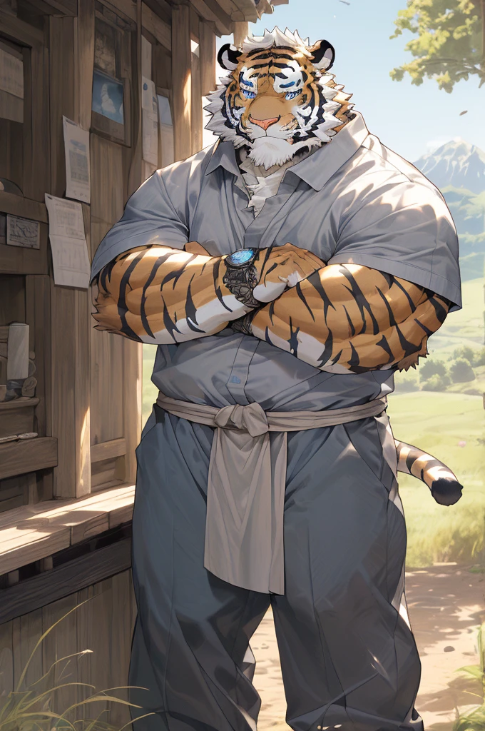hairy,(tiger,Gray cloth,Black trousers),fur,White short hair,male,Common,full-body shot,(((Blue eyes))),(((Middle age))),((Touching his chin and thinking)),Full body details ,Mature,Strong body,Detailed rural background,lifelike ,masterpiece,Very detailed,lifelike