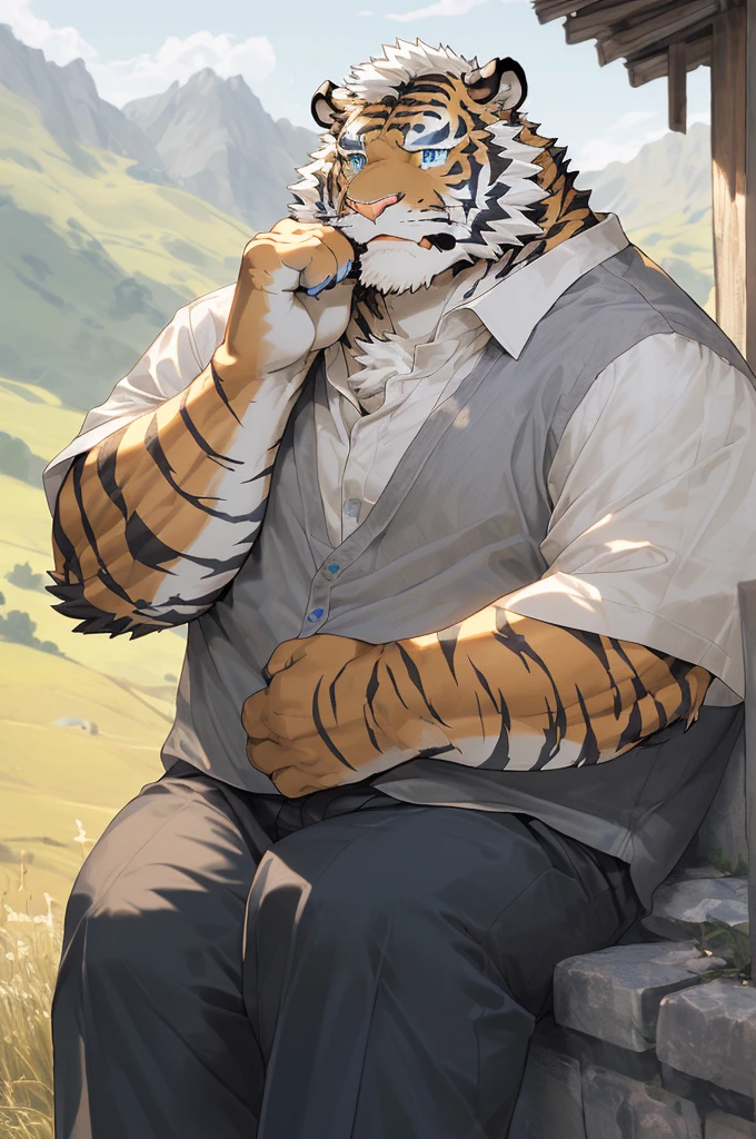 hairy，(tiger，Gray cloth，Black trousers)，fur，White short hair，male，Common，full-body shot，(((Blue eyes)))，(((Middle age)))，((Touching his chin and thinking))，Full body details ，Mature，Strong body，Detailed rural background，lifelike ，masterpiece，Very detailed，lifelike