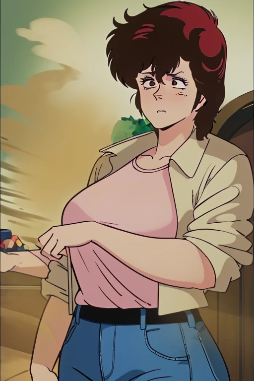 HD, high quality, high resolution, ultrahd,Kaori Makimura, 1female, wearing default outfit, light pink shirt, white coat, wearing coat over tshirt, jeans, default hair, brown hair, very tall body, thin body, massive fart, yellow smoke, wide eyes, leaning, embarrassed, clenching teeth, alone in a room