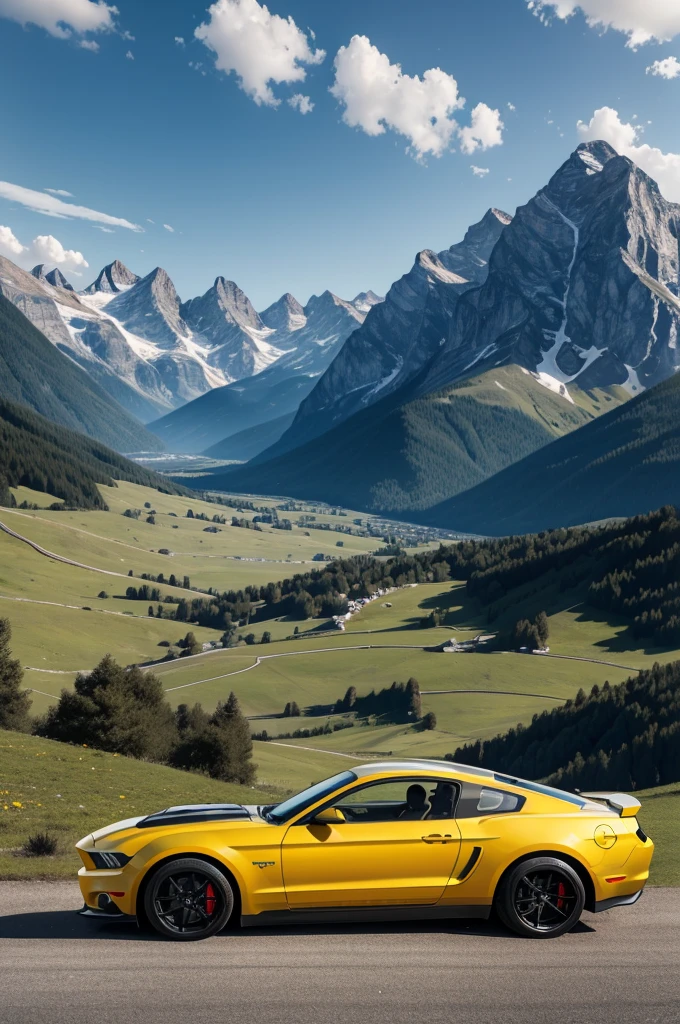 Yellow FORD MUSTANG GT 2008 ULTRA REALISTIC WITH two modern mountain on the roof in front of A DREAMY BACKGROUND in a Swiss mountain landscape LATE IN THE AFTERNOON. In the foreground is also a bistro table with two GIN drinks. ULTRA REALISTIC, CAR DIAGONAL WITH HEADLIGHTS NEAR THE CAMERA 4K WIDE ANGLE.