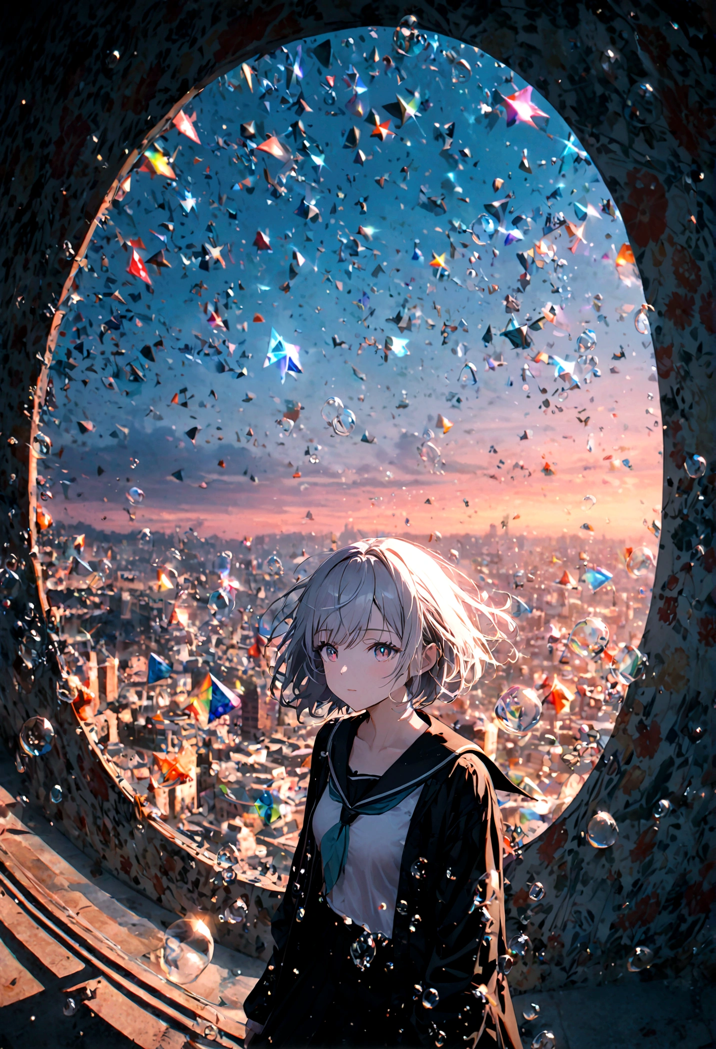 (woman\(student, 15 years old, JK, short hair, Silver Hair, Floating Hair, Space-colored eyes, Black sailor suit\(Of high school\), Pale skin, Tired face, No shine in the eyes\) Looking up at the sky), (Many goldfish are swimming in the air), Beautiful sky, Beautiful Clouds, Colorful summer flowers are blooming everywhere., (Transparent bubbles shine like prisms here and there in the sky), The midday moon and the midday star shine in the sky, woman is at messy downtown, break ,quality\(8k,非常に精細なCGユニットのwallpaper, masterpiece,High resolution,top-quality,top-quality real texture skin,Surreal,Increase the resolution,RAW Photos,最高quality,Very detailed,wallpaper,Cinema Lighting,Ray-tracing,Golden Ratio\),(Long Shot),Wide Shot,