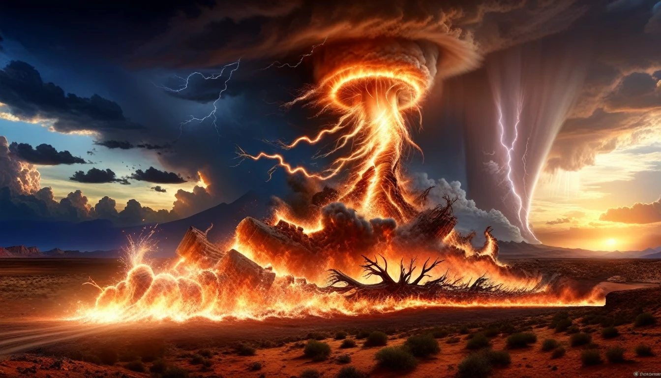 lightning fire tornadoes, arid apocalyptic landscape, caos destrutivo, brasas brilhantes, Inferno rodopiante, nuvens escuras sinistras, desolation and despair, Ventos violentos, thunder beating, terrifying spectacle, last breaths of life, devastation and ruin, Amazing consequences, Atmosfera surreal, post-apocalyptic nightmare, cores vivas e intensas, chamas bruxuleantes, mesmerizing destruction, Atmospheric Lighting, epic catastrophe, A ira da natureza, mundo morrendo, realidade distorcida, whirlwind of destruction, paisagem retorcida e contorcida, fierce and uncontrollable forces, cena inspiradora e arrepiante, horizonte sombrio e sombrio, poderosa onda de energia, cataclysmic display, desperate struggle for survival, final chapter unfolding, beleza assombrosa em meio ao caos, remnants of hope in the darkness, strange and unearthly feeling, cataclysmic event on the verge of extinction, imagens surreais e assustadoras, simbolismo poderoso