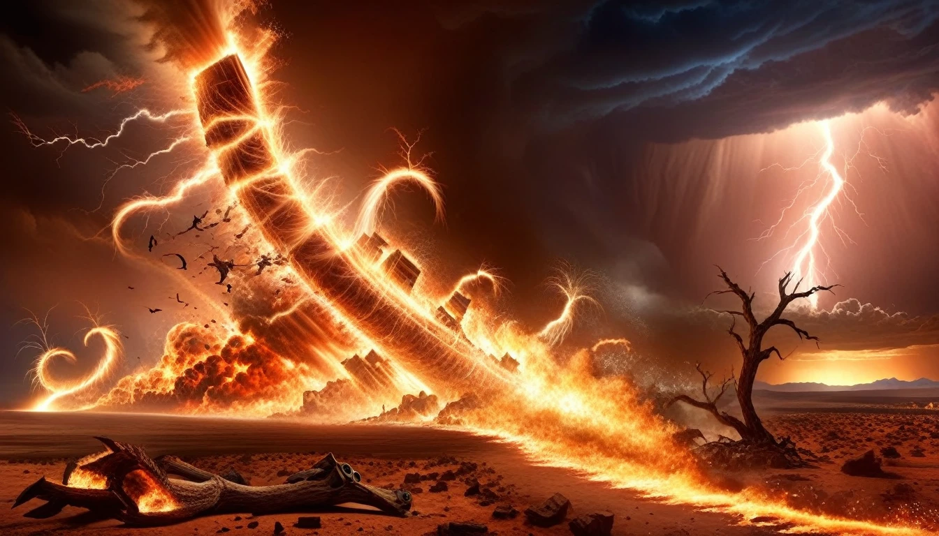 lightning fire tornadoes, arid apocalyptic landscape, caos destrutivo, brasas brilhantes, Inferno rodopiante, nuvens escuras sinistras, desolation and despair, Ventos violentos, thunder beating, terrifying spectacle, last breaths of life, devastation and ruin, Amazing consequences, Atmosfera surreal, post-apocalyptic nightmare, cores vivas e intensas, chamas bruxuleantes, mesmerizing destruction, Atmospheric Lighting, epic catastrophe, A ira da natureza, mundo morrendo, realidade distorcida, whirlwind of destruction, paisagem retorcida e contorcida, fierce and uncontrollable forces, cena inspiradora e arrepiante, horizonte sombrio e sombrio, poderosa onda de energia, cataclysmic display, desperate struggle for survival, final chapter unfolding, beleza assombrosa em meio ao caos, remnants of hope in the darkness, strange and unearthly feeling, cataclysmic event on the verge of extinction, imagens surreais e assustadoras, simbolismo poderoso