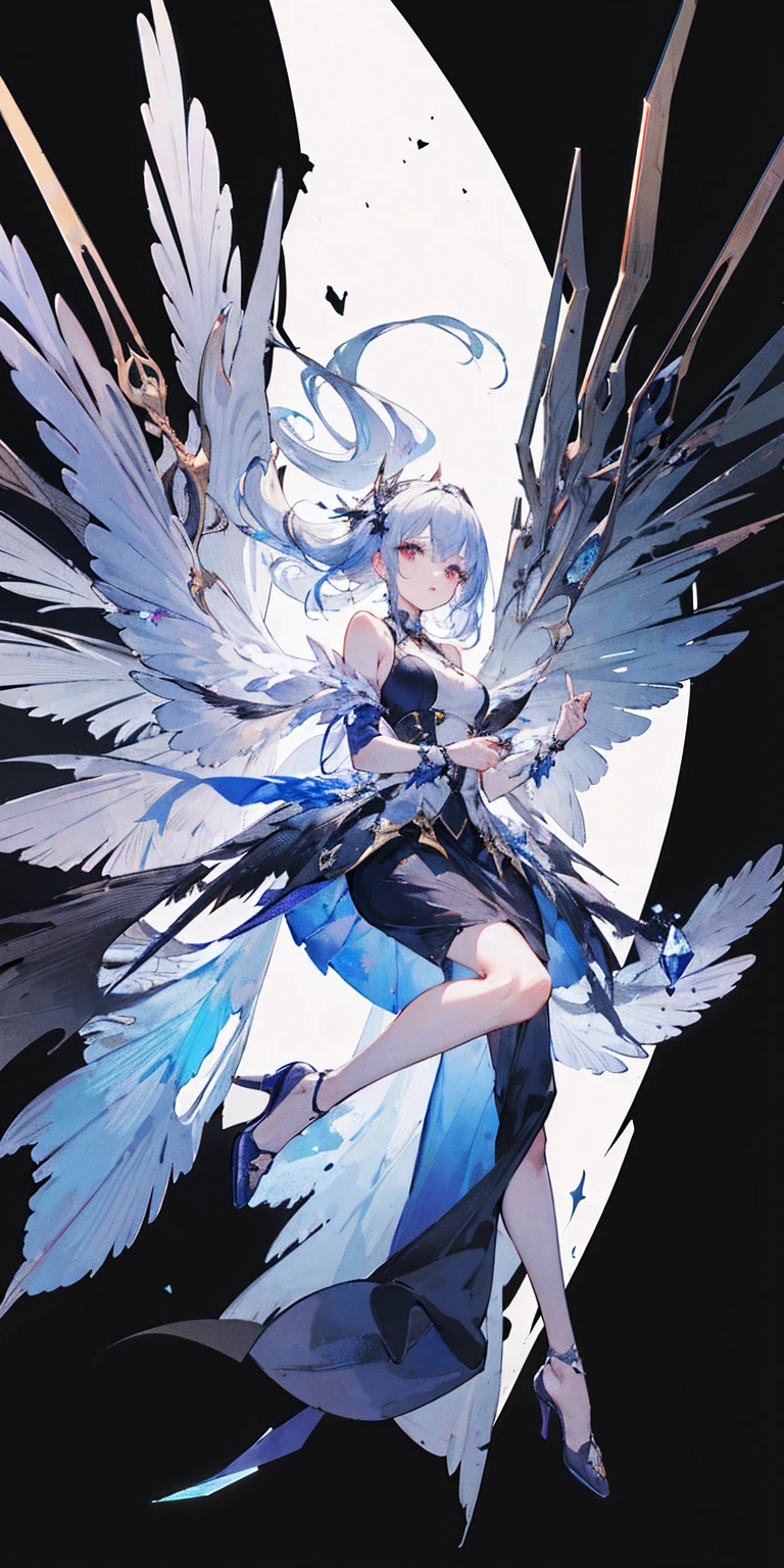 Big Perspective,Wide Angle,Impactful graphics,floating,sideways,Character Close-up,4K,masterpiece,best quality,ruins,(Transparent skirt,black background),Clear,master,Various actions,Full body portrait,portrait,1 female, (Mature),Long face,Pointed face,White long hair,Fairy,gemstone crow,Wings Dress, Mecha,Fairy air,ribbon, diamond, Bare shoulders, crow, Looking at the audience, in the sky, fLight, Vibrant colors, Light, masterpiece, best quality, flight,Mature,asymmetrical clothes,HighLights,Long skirt,Own,Personal Photography