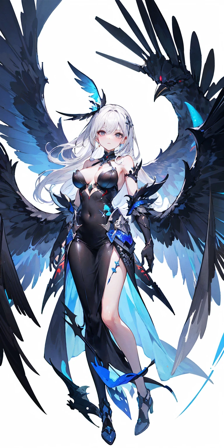 Big Perspective，Wide Angle，Impactful graphics，floating，sideways，Character Close-up，4K，masterpiece，best quality，ruins，(Transparent skirt，black background)，Clear，master，Various actions，Full body portrait,portrait,1 female, (Mature)，Long face，Pointed face，White long hair，Fairy，gemstone crow，Wings Dress,  Mecha,Fairy air，ribbon， diamond, Bare shoulders, crow, Looking at the audience, in the sky, fLight, Vibrant colors, Light, masterpiece, best quality, flight，Mature，asymmetrical clothes，HighLights，Long skirt，Own，Personal Photography