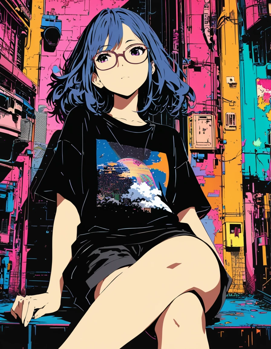 ultra-detailed:1.3, (absurdres, texture, masterpiece), pixiv contest winner, by John Berkey, dynamic manga-style illustration of girl with glasses,sitting with crossed legs, starry sky inner hair,dark aesthetic,euphoric,oversized t-shirts,black shorts,beautiful woman,old alley background, dozing,crayon color zentangle,outline,anime key visual,