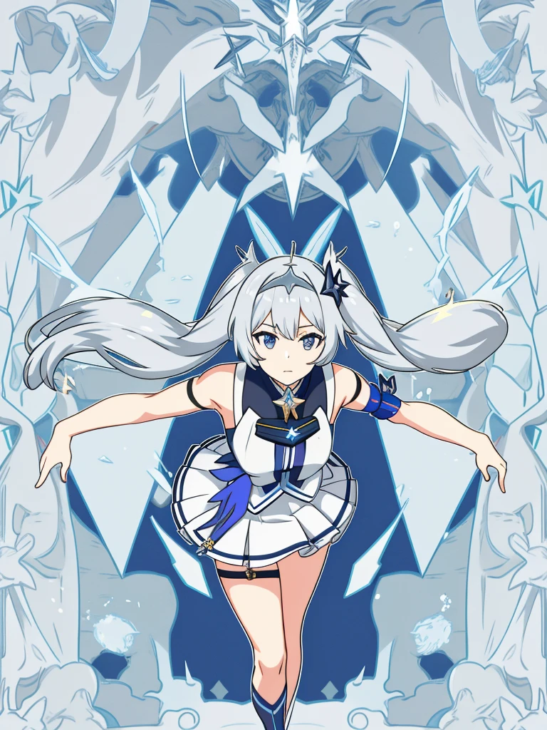 1girl, anime girl, silver hair, long twintails, silver eyes, skirt, honkai starrail style