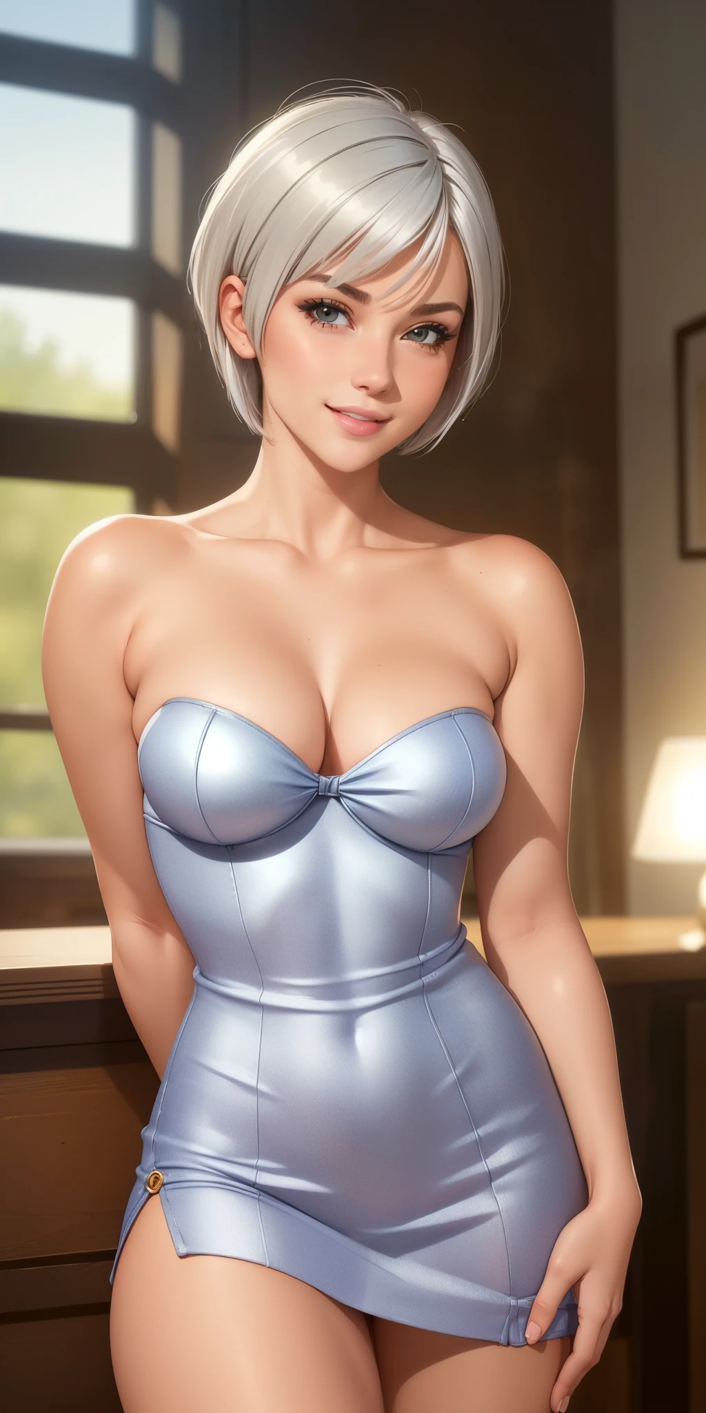 (best quality, ultra-detailed, photorealistic: 1.39), bright and vibrant colors, studio lighting, romantic expression, short jeans, strapless dress, undercut platinum bobcut, silver hair, small breasts, fit, short hair, mercenary, sexy smile, Cute bow in the hair