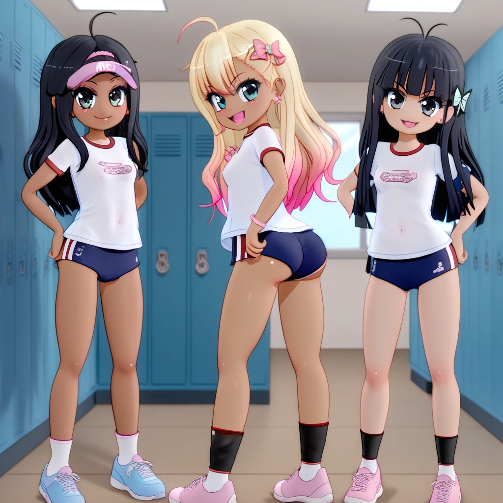 (masterpiece), best quality, highly detailed faces, (SHARP details), 4k, highly detailed, expressive eyes, SHARP detail expressive eyes, (SHARP detail perfect face), By mantis-x, gyaru, young girls, small breasts, playful smile, (black hair), standing, view from behind, glancing over shoulder, ((dark skin)), slutty, lockerroom, long hair, daytime, ass, (multiple girls), wearing gym uniform,