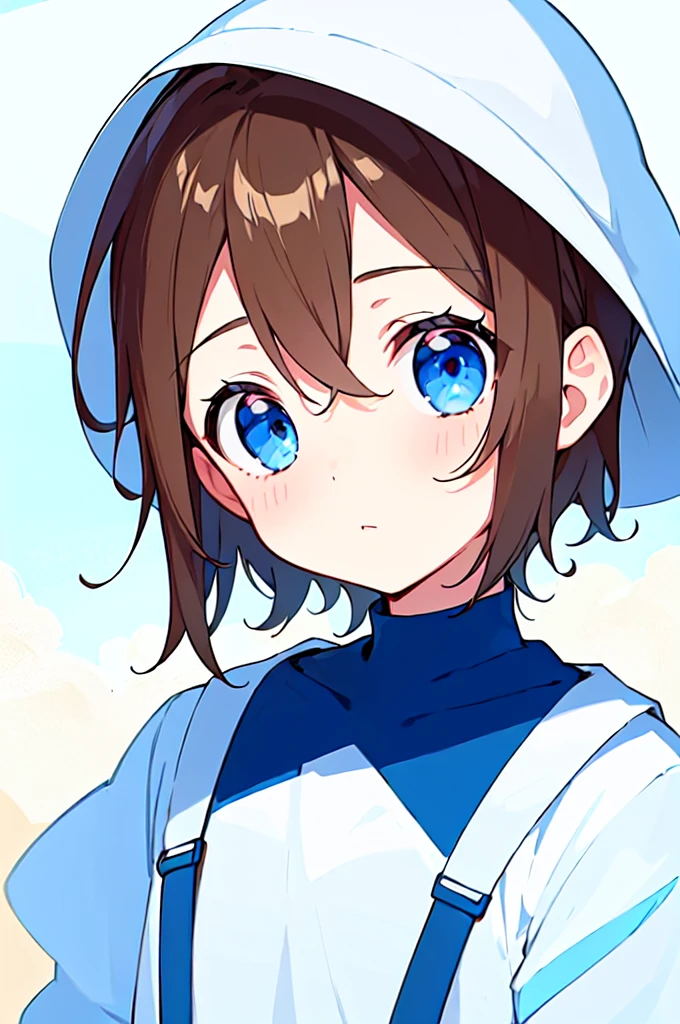 [(WHITE BACKGROUND:1.5),::5], (((masterpiece))), high quality, very_high_resolution, large_filesize, full color, Solo, (1 little boy), 13 old year, (short brown hair), vivid color, Blue eye, summer clothes, upper body, anime style