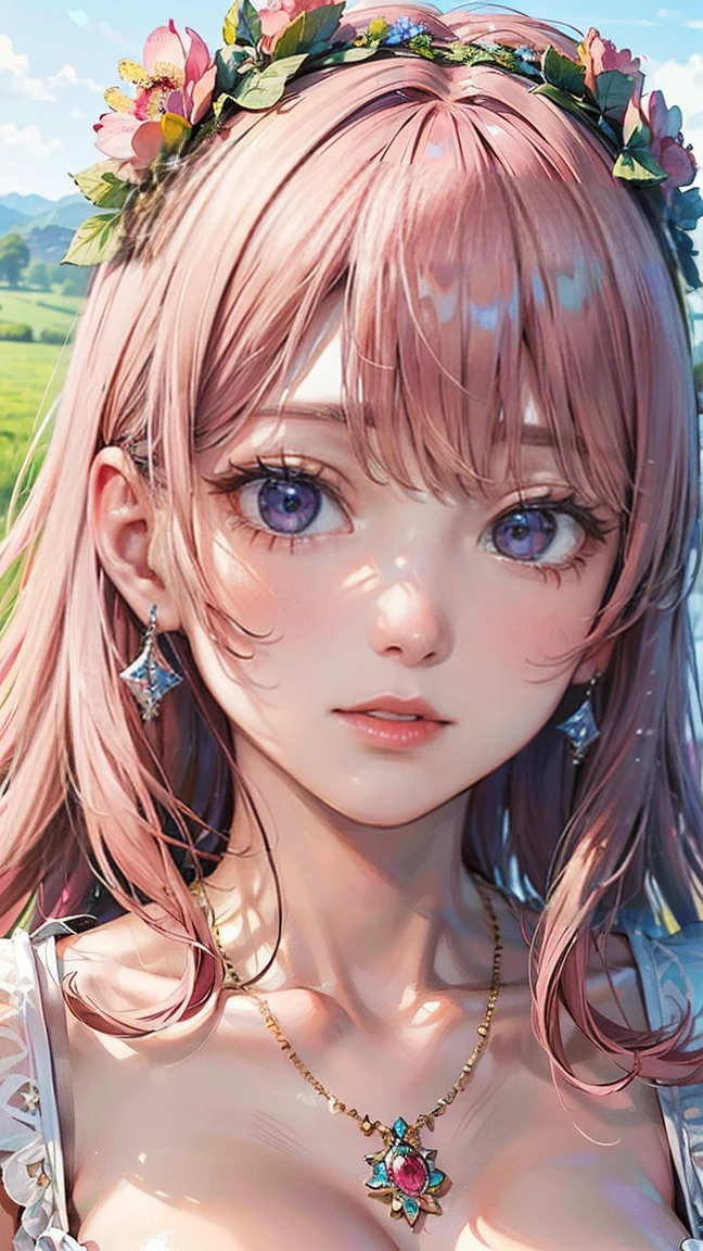 (Masterpiece, BestQuality:1.3), (ultra detailed:1.2), (hyperrealistic:1.3), (RAW photo:1.2), High detail RAW color photo, professional photograph, (Photorealistic:1.4), (realistic:1.4), professional lighting, perfect anatomy, (Blue Hair, Big Breasts:1.2), (blush, detailed face), (cheerful Smile:1.5), Trending Hair&Trending Hairカラーをランダムに, earrings, necklace, bracelet, sexy, erotic sexy, Random sexy gravure poses, (A beautiful woman with soft pink hair wearing a flower crown、Smiling in the summer fields。She is smiling enjoying nature。: 1.3)