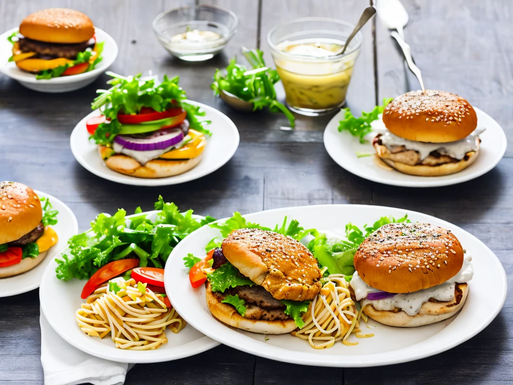 Three white plates each with a hamburger, grilled chicken and seafood pasta.